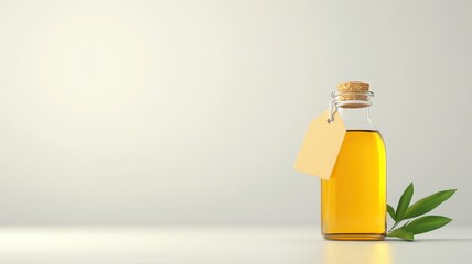 A glass bottle of golden oil with a cork stopper and a blank tag, accompanied by a green olive branch, set against a simple, light background.