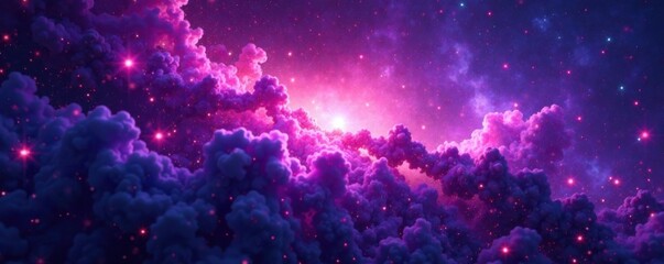 A glowing nebula with swirling purple gas and pink stars in a deep space background, space, pink, galaxy