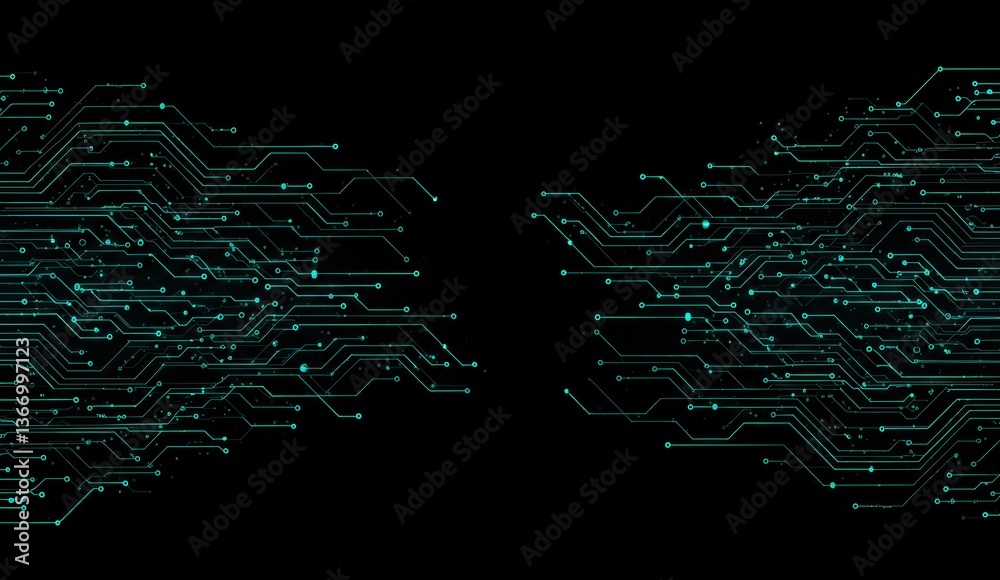 Fototapete Abstract circuitry pattern in blue and green colors on black background representing technology and innovation.