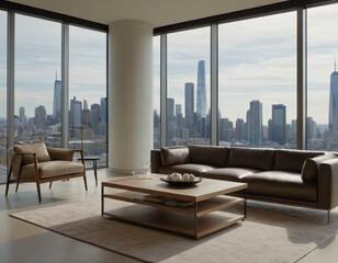 Modern urban apartment with a stylish open floor plan, large windows showcasing a panoramic city skyline, sleek furniture, and a touch of greenery, capturing the essence of contemporary real estate li