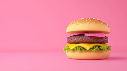 A colorful hamburger with a sesame seed bun, lettuce, cheese, and a beef patty, set against a vibrant pink background.
