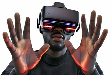 Man Experiencing Virtual Reality With Glowing Hands Photo Against White Background