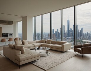 Modern urban apartment with a stylish open floor plan, large windows showcasing a panoramic city skyline, sleek furniture, and a touch of greenery, capturing the essence of contemporary real estate li