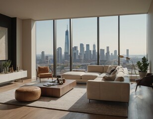 Modern urban apartment with a stylish open floor plan, large windows showcasing a panoramic city skyline, sleek furniture, and a touch of greenery, capturing the essence of contemporary real estate li
