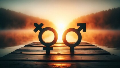 Male and female gender symbols in classroom with books and digital tablet – concept of gender equality and education.