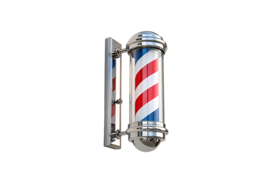 A classic barber pole with spiraling red, white, and blue stripes encased in a shiny chrome cylinder. It symbolizes tradition, grooming, and timeless style, isolated on a transparent background
