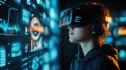 Immersive Virtual Reality Experience: A Young Woman Explores a Futuristic Digital World