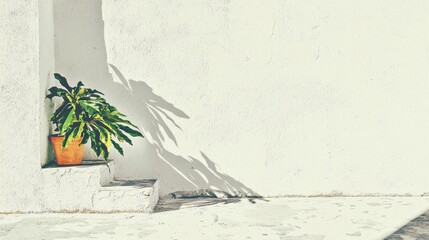 Green Leafy Plant in a Pot Casting Shadows on White Wall