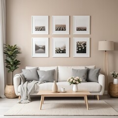 Fototapeta premium Cozy Living Room Interior with Neutral Tones and Gallery Wall