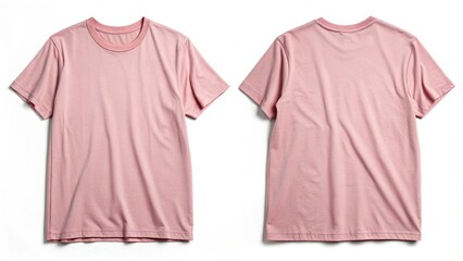 Front and back view mockup of a plain pastel pink tshirt on a white background, displayed side by side, smooth texture, realistic shadow effects, minimalistic design, sharp