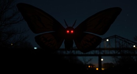 Giant Moth with Glowing Red Eyes at Night
