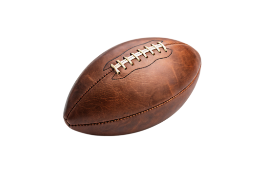 A rugged vintage-style American football with a deep brown leather finish and visible stitching. The laces are cream-colored, giving it a handcrafted, isolated on a transparent background - Powered by Adobe