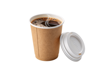 A steaming coffee in a brown paper cup with a white plastic lid placed beside it. Freshly brewed, the aroma seems to drift out, isolated on a transparent background