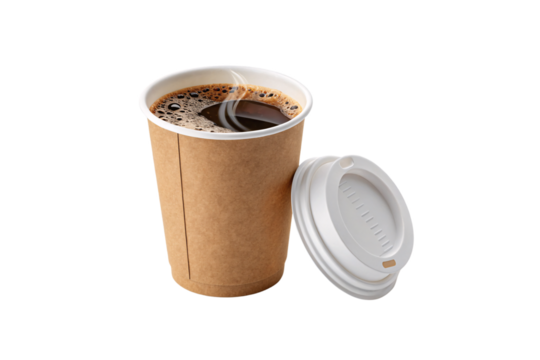 A steaming coffee in a brown paper cup with a white plastic lid placed beside it. Freshly brewed, the aroma seems to drift out, isolated on a transparent background