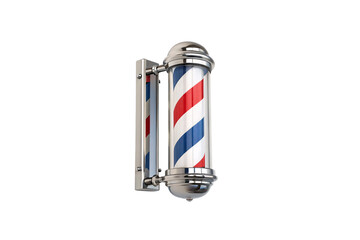 A traditional barber shop pole in polished chrome housing. The familiar red, white, and blue stripes spiral, representing the historic art of barbering and grooming, isolated on transparent background