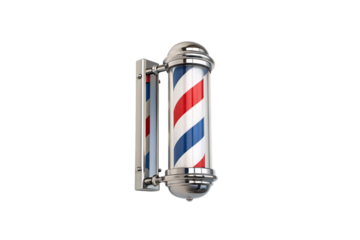 A traditional barber shop pole in polished chrome housing. The familiar red, white, and blue stripes spiral, representing the historic art of barbering and grooming, isolated on transparent background