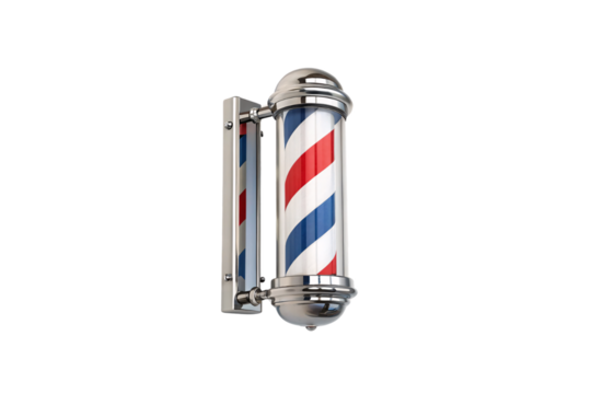 A traditional barber shop pole in polished chrome housing. The familiar red, white, and blue stripes spiral, representing the historic art of barbering and grooming, isolated on transparent background