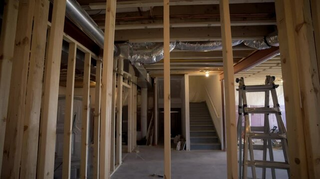 New Home Basement Construction with Wooden Support Beams