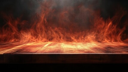 Fototapeta premium Fiery Inferno: Wooden Tabletop Against a Wall of Flames