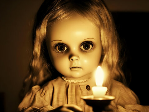 Photo of a Creepy Doll Lit By Candlelight in Dark Background Portrait