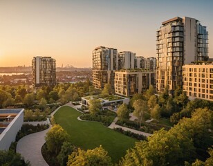 Obraz premium Modern urban skyline with luxury apartments, featuring smart home technology and green spaces, captured during golden hour with a focus on sustainable architecture and vibrant city life.