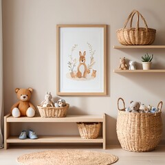 Fototapeta premium Nursery Room Decor with Wooden Shelves, Wicker Baskets, and Stuffed Animals