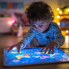 preschooler tracing letters on a digital AI-powered learning mat that provides instant feedback.