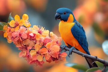 Colorful parrot perched on blossom branch in spring garden