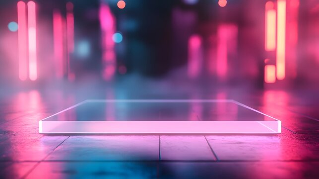  glass table with a blurred futuristic lounge