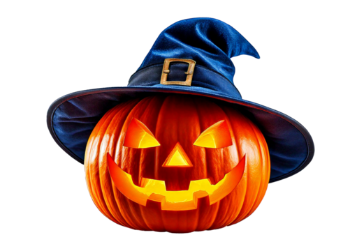 ack O' Lantern, cut out. Halloween pumpkin in hat, the main symbol of the Happy Halloween isolated on a transparent or white background