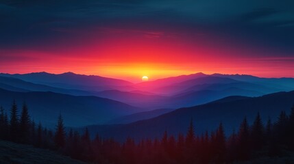 Obraz premium Mountain Sunrise, vibrant colors, silhouette trees, misty peaks
