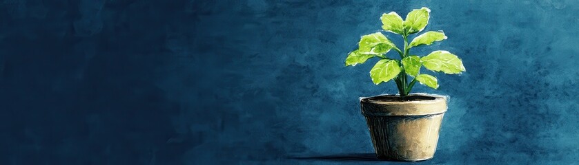 Fototapeta premium A small green plant in a terracotta pot against a textured blue background, symbolizing growth and new beginnings.
