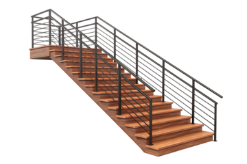 Modern Wooden Staircase with Sleek Black Metal Railing Design isolated on transparent background 