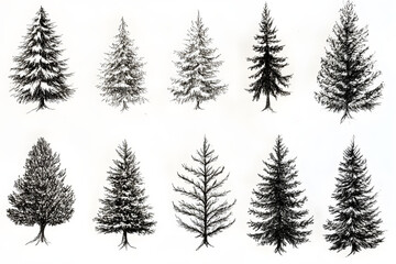 Obraz premium Ten Detailed Ink Drawings of Evergreen Trees