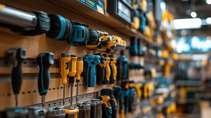 Naklejka premium Hardware Store Power Tool Display: A Showcase of Drills, Screwdrivers, and Other Tools