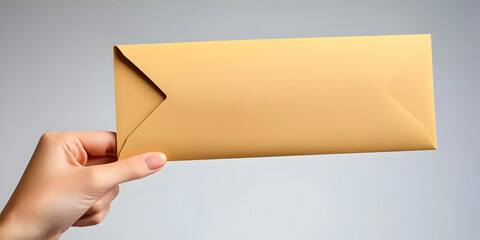 Photo of a Hand Holding A Yellow Envelope Against a Light Gray Background