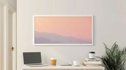 A white rectangular frame in a hallway, placed above a table with a coffee cup, a laptop, and a stack of books.  HD 8K mockup wallpaper Photographic Image