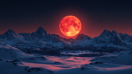 Blood Moon over Snowy Mountain Range