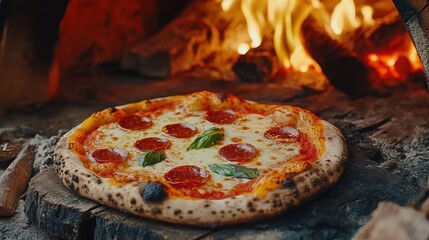 Delicious Pizza with Pepperoni and Basil Baked in Wood Fired Oven