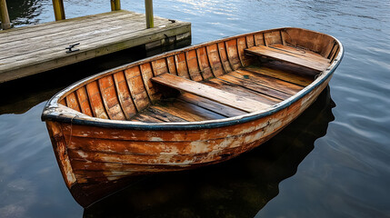 Solitude: A weathered wooden rowboat gently floats on tranquil waters, reflecting the serene atmosphere of a peaceful lake, near a wooden dock.