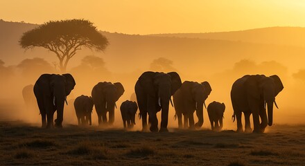 Fototapeta premium African Elephants at Sunset: A Majestic Silhouette