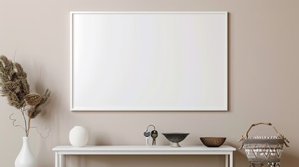 A white rectangular frame in a hallway with a table underneath, holding keys, a small vase, and a decorative bowl HD 8K mockup wallpaper Photographic Image