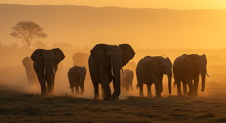 Fototapeta premium African Elephants Silhouette at Sunset