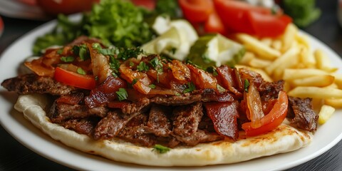 a plate of food on a black surface