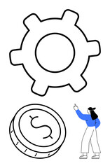Large gear with woman pointing at it, dollar coin. Ideal for business strategy, economic development, financial advice, operational management, strategic planning, teamwork. Line metaphor