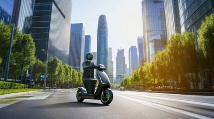 Electric scooter riding through a smart city with autonomous traffic signals and green infrastructure, futuristic city with eco-friendly urban design and digital traffic signals, Eco-tech style
