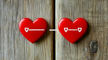 Minimalist Love Symbol Two Red Hearts Equation on Rustic Wooden Background - Picture Book Illustration