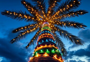 Festively Illuminated Palm Tree adorned with Christmas Lights