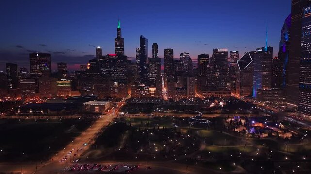 Drone footage of Downtown Chicago at night