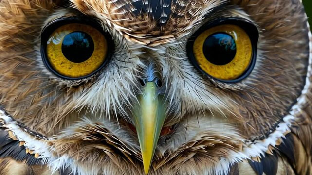 Close up of an owl s face its bright yellow eyes fixated on the viewer